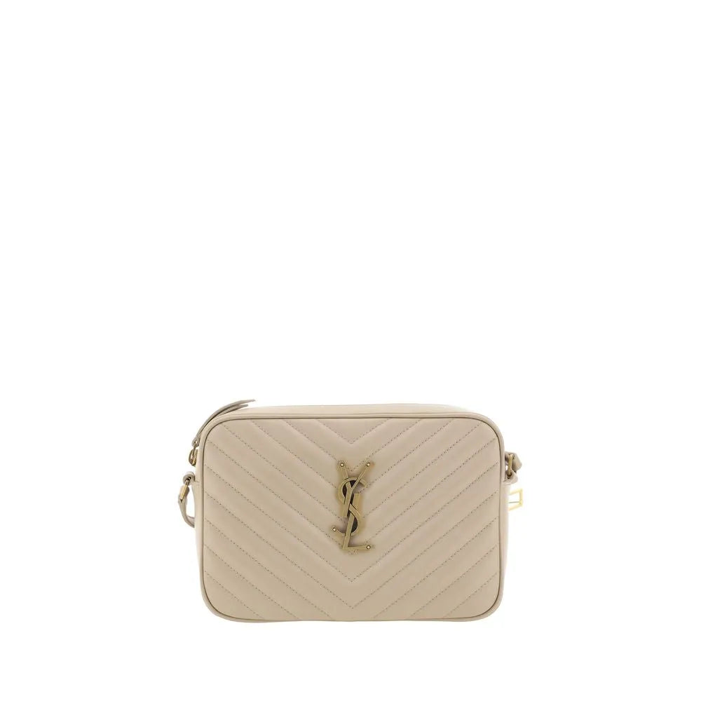 Beige calf leather Saint Laurent shoulder bag with chevron quilting, padded design, and prominent gold YSL logo.