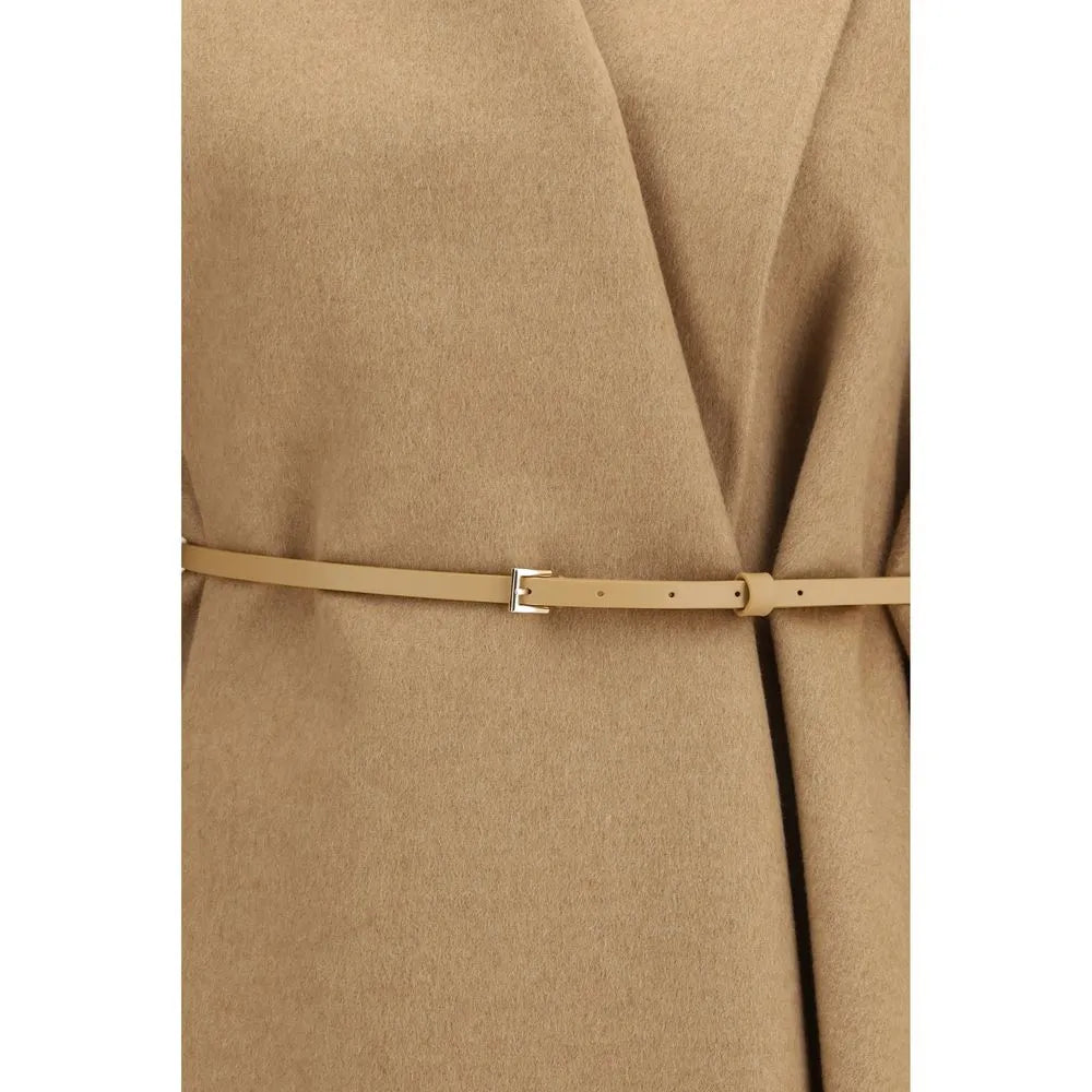 Beige camel hair wrap coat with a thin matching belt and silver buckle.