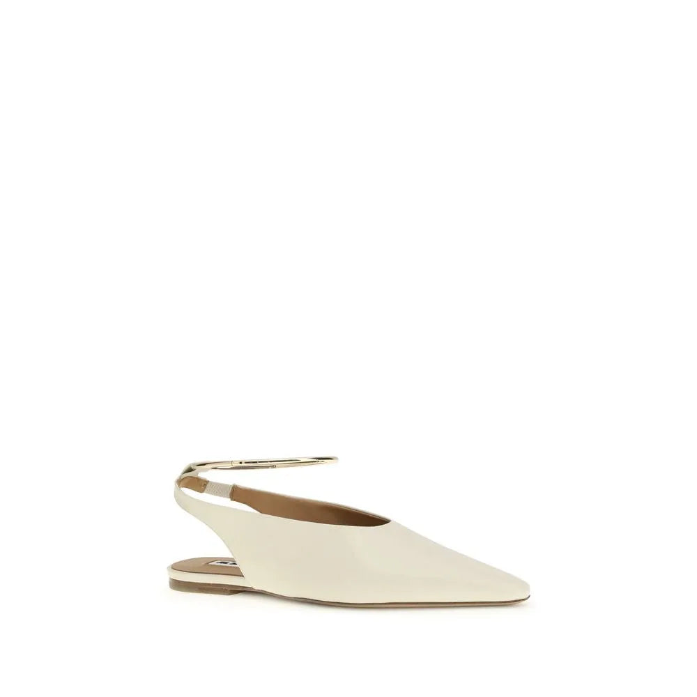 Beige goatskin ballet flat with square toe, slingback design, and a gold metal ankle strap.