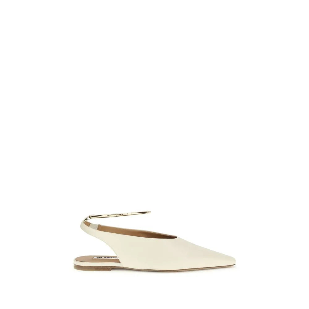 Jil Sander beige goatskin slingback ballet flat with square toe and gold ankle strap.