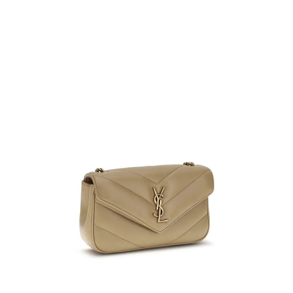 Beige Saint Laurent Lou Lou mini shoulder bag in quilted lambskin with gold YSL logo and chain strap.