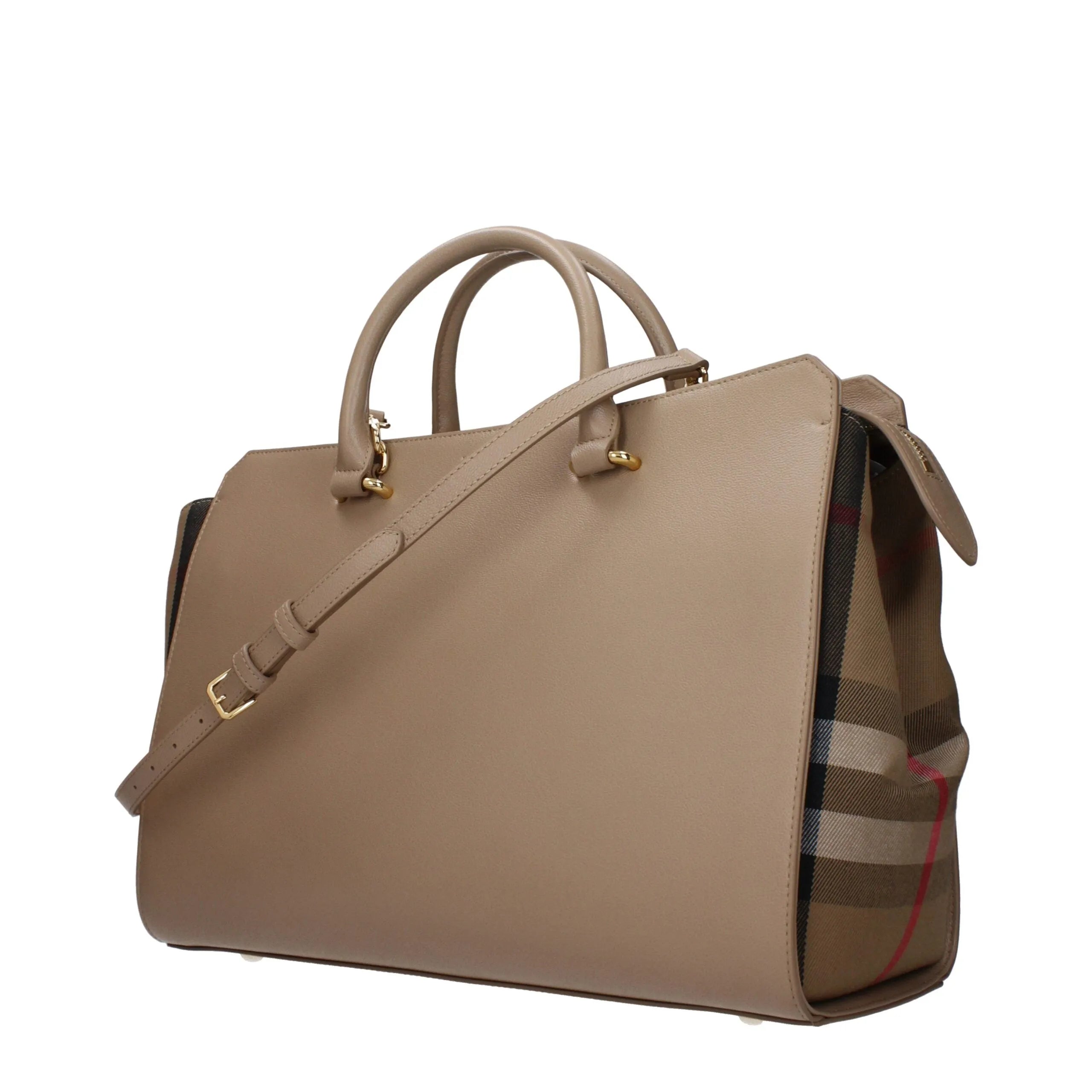 Burberry beige leather handbag with top handles, adjustable shoulder strap, and iconic check print side panels.