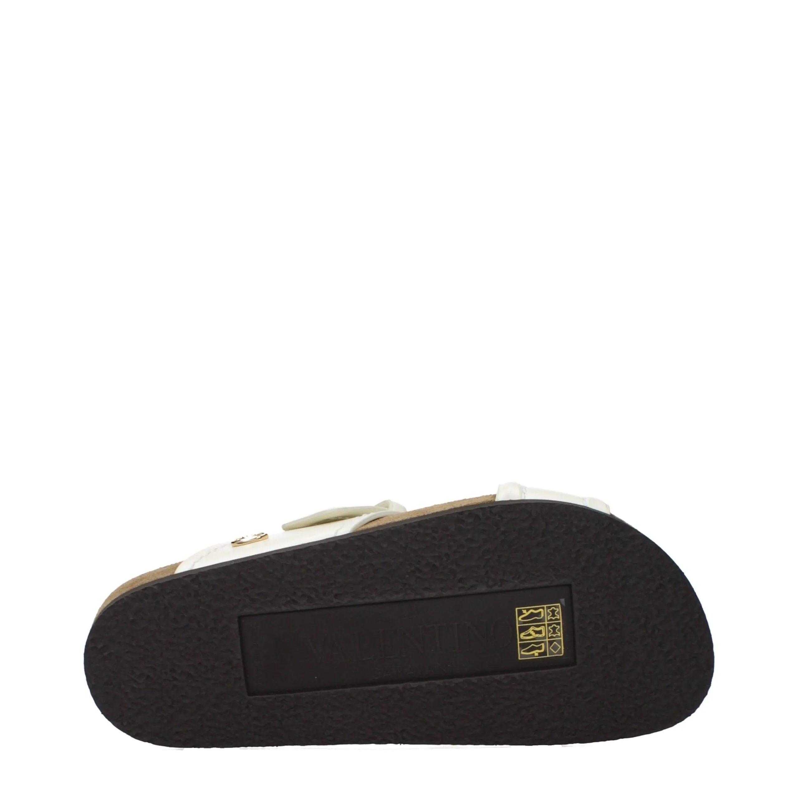 Valentino Garavani beige leather slipper, showing dark brown sole with embossed logo and light beige cork midsole.