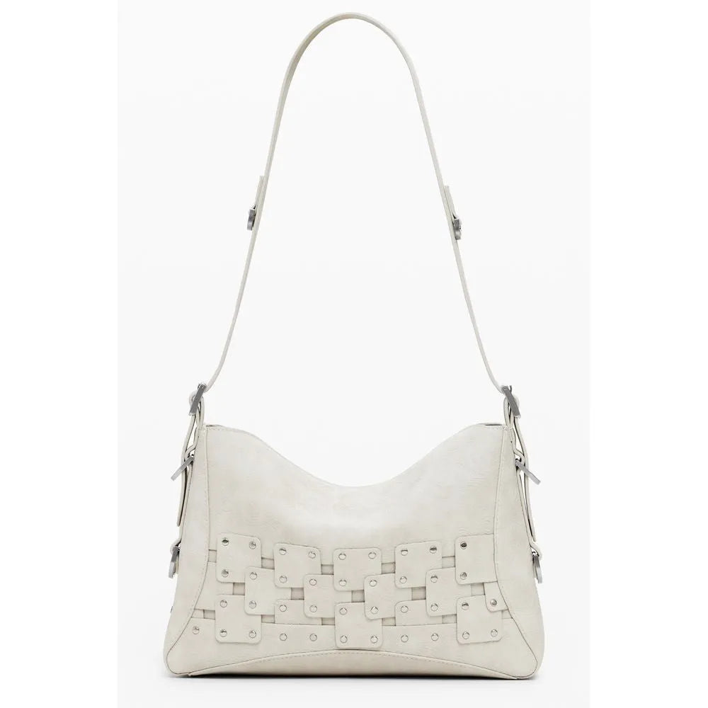 Beige polyurethane Desigual hobo bag with a distinctive studded patchwork front and silver hardware.