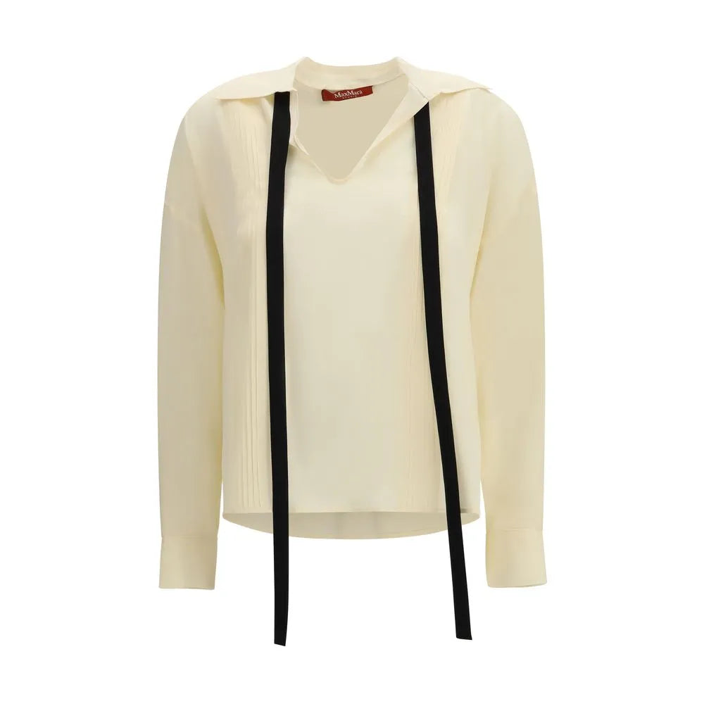 Beige pure silk blouse by Max Mara Studio with a V-neck, black ribbon ties, front pintucks, and high cuffs.