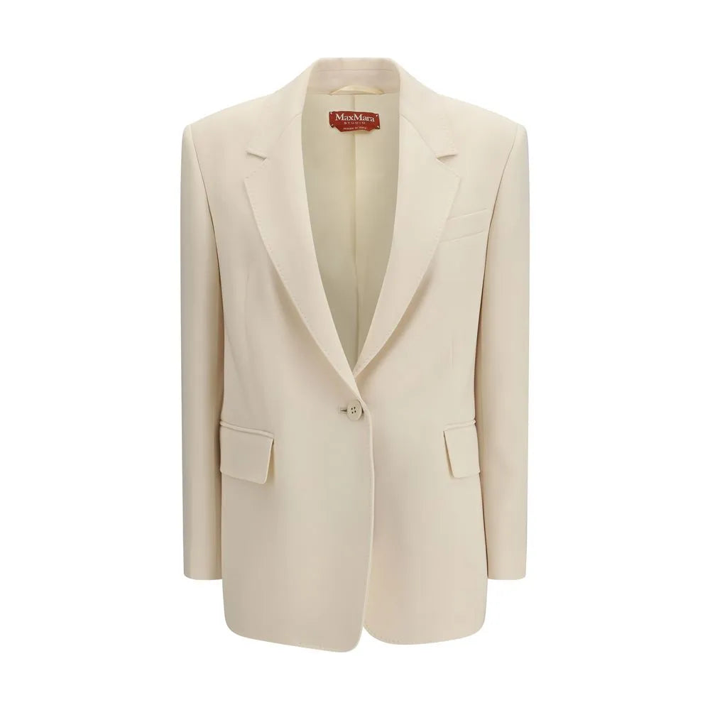 Tailored beige triacetate blazer by Max Mara Studio, featuring a single button, classic lapels, and flap pockets.