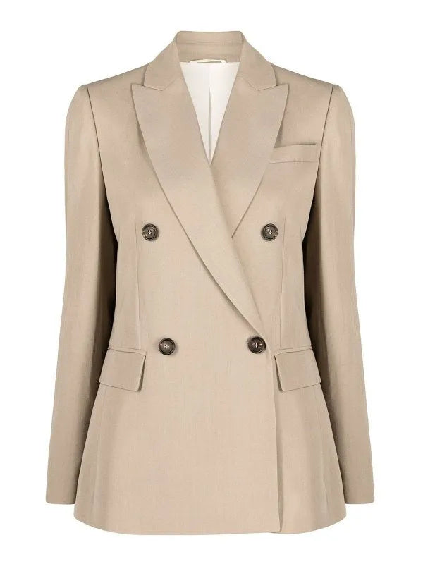 BRUNELLO CUCINELLI women's Bleeker beige double-breasted viscose blend blazer with peaked lapels and four buttons.