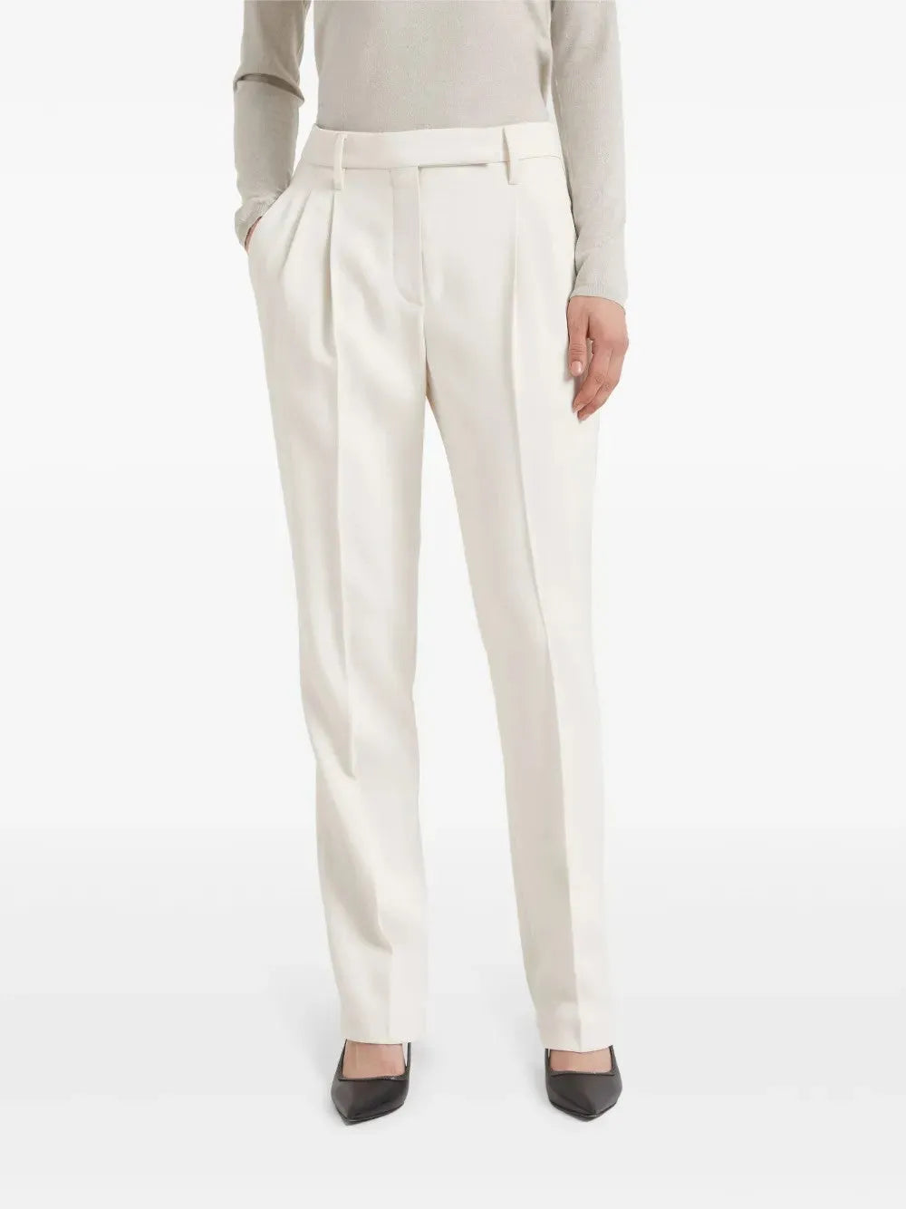 Ivory Brunello Cucinelli women's tailored viscose dress pants with front pleats and straight leg.