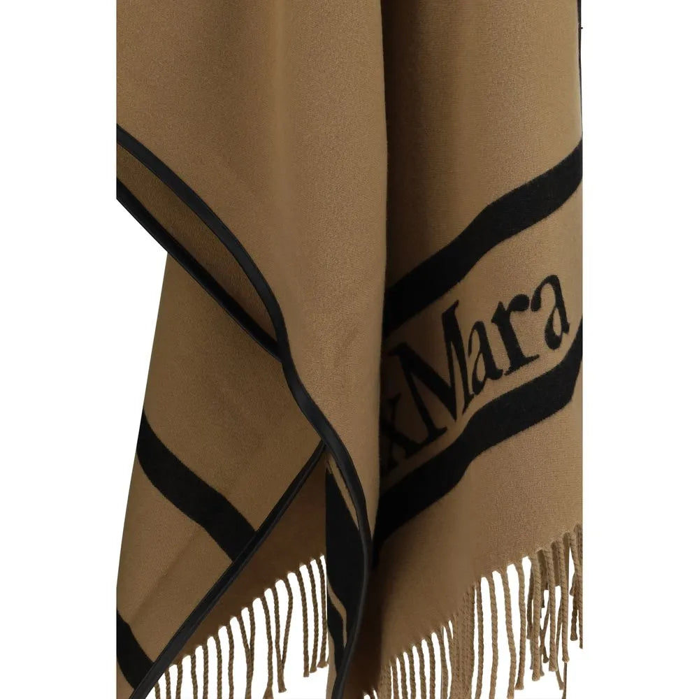 Max Mara Aris beige wool poncho with black trim, graphic stripes, logo, and fringe hem.