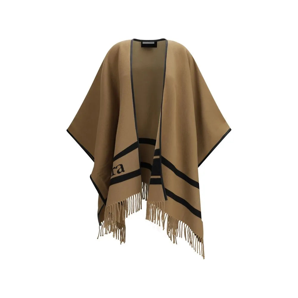 Elegant beige wool Max Mara Aris poncho with black trim, graphic stripes, partial logo, and fringe hem.
