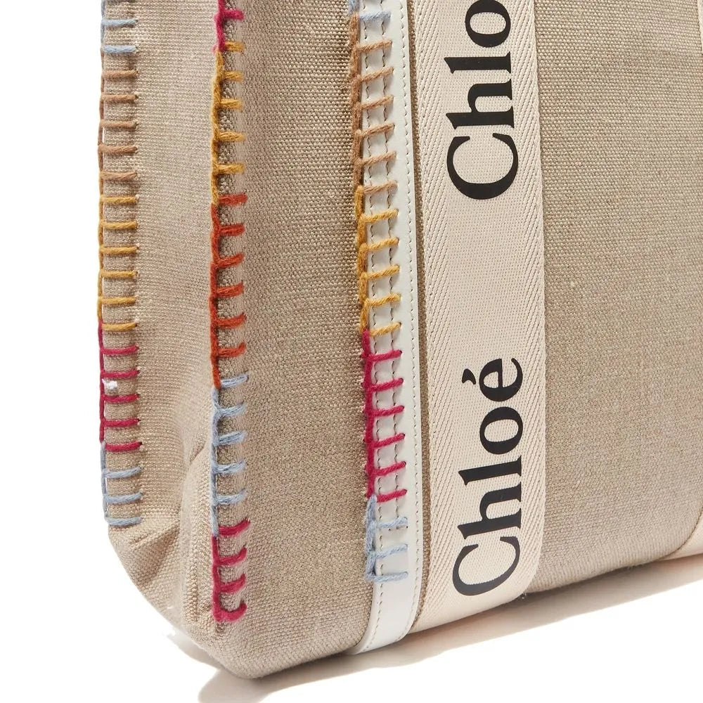 Beige wool tote bag with multi-coloured blanket-stitched trims, white calfskin trims, and Chloé logo ribbon.