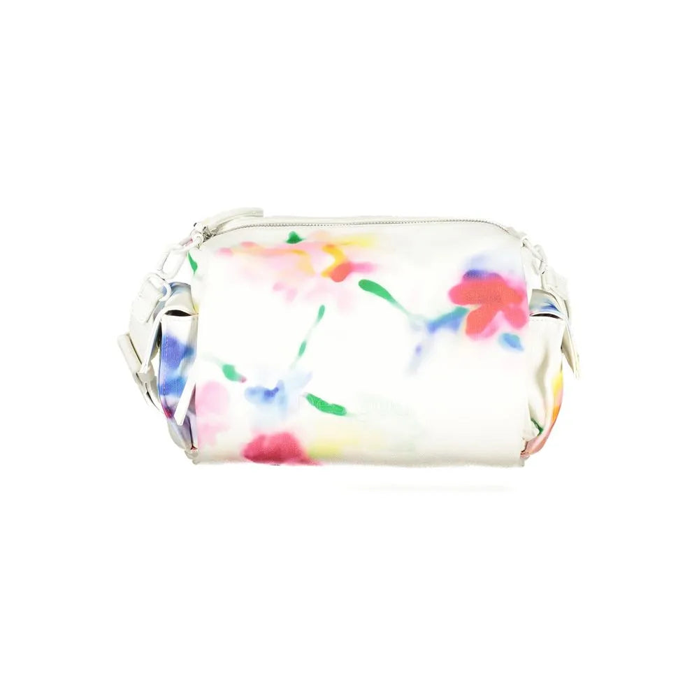 White polyurethane shoulder bag with vibrant blurred floral print, zip closure, and side pockets.