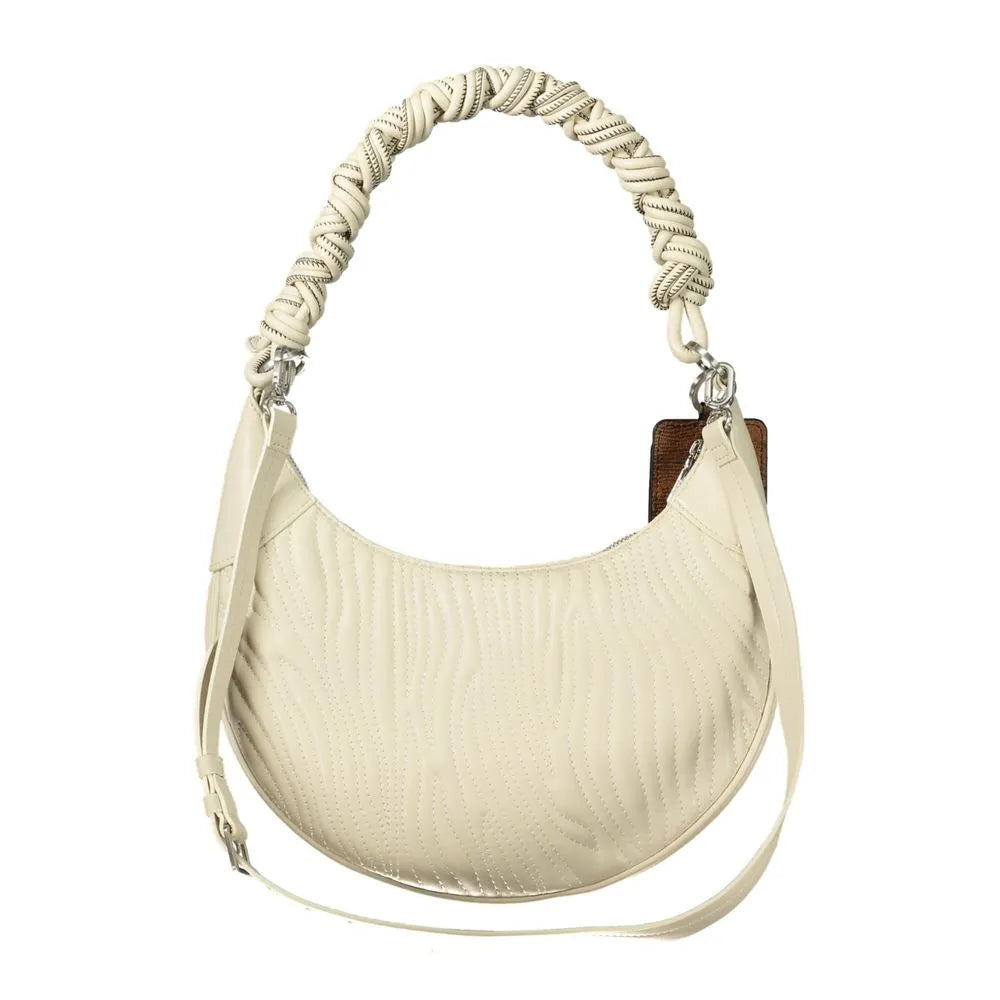 White polyurethane women's handbag with wavy quilted pattern, braided top handle, and adjustable strap.