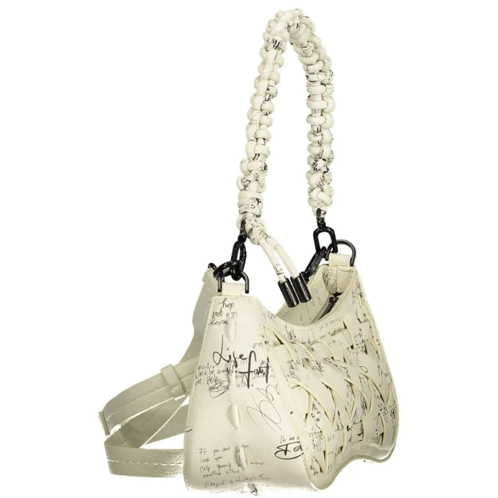 Bianco polyurethane Desigual women's handbag with braided handle, woven texture, text print, and adjustable strap.