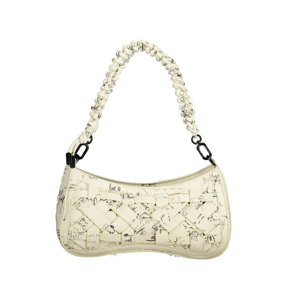 White polyurethane women's handbag with woven design, black script pattern, and braided top handle.