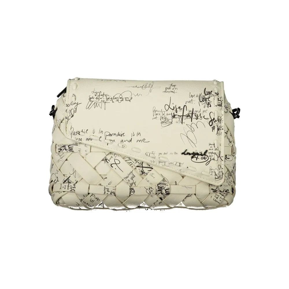 Desigual Bianco polyurethane mini handbag with woven body, black handwritten script print, and flap closure.