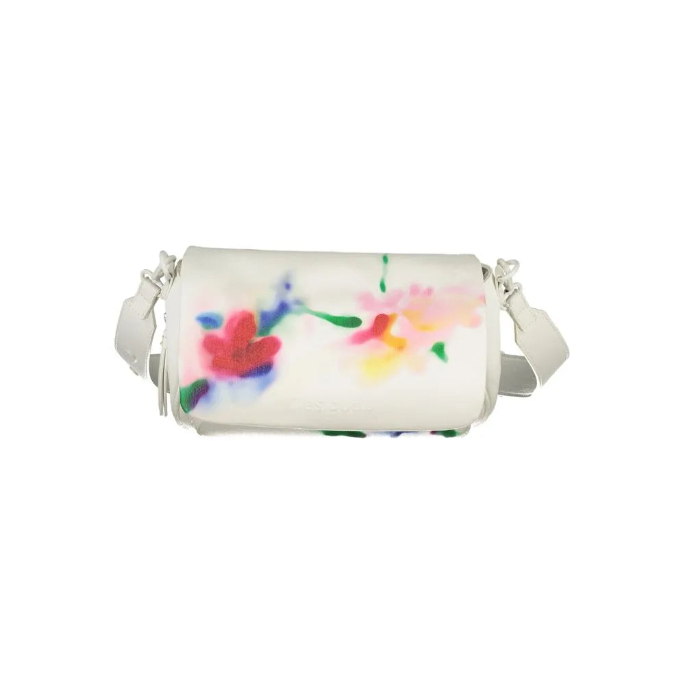 Desigual Bianco polyurethane women's shoulder bag with a vibrant abstract floral print and adjustable strap.