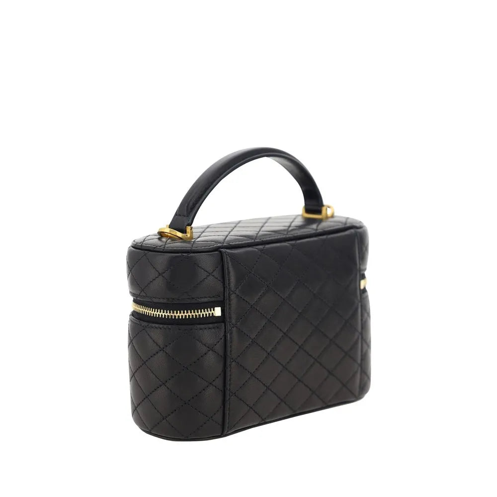 Black quilted calf leather Saint Laurent Vanity Gaby handbag with top handle and gold hardware.