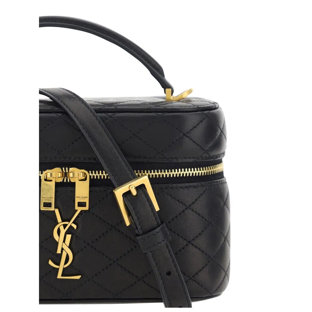 Black quilted calf leather Saint Laurent handbag with gold YSL logo, top handle, and shoulder strap.