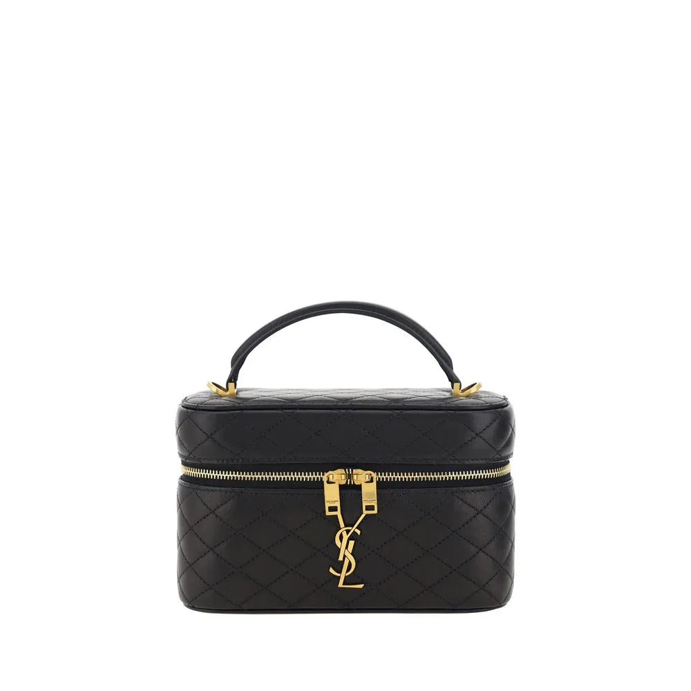 Black quilted calf leather Saint Laurent Vanity Gaby handbag featuring a top handle, gold YSL logo, and double zipper.