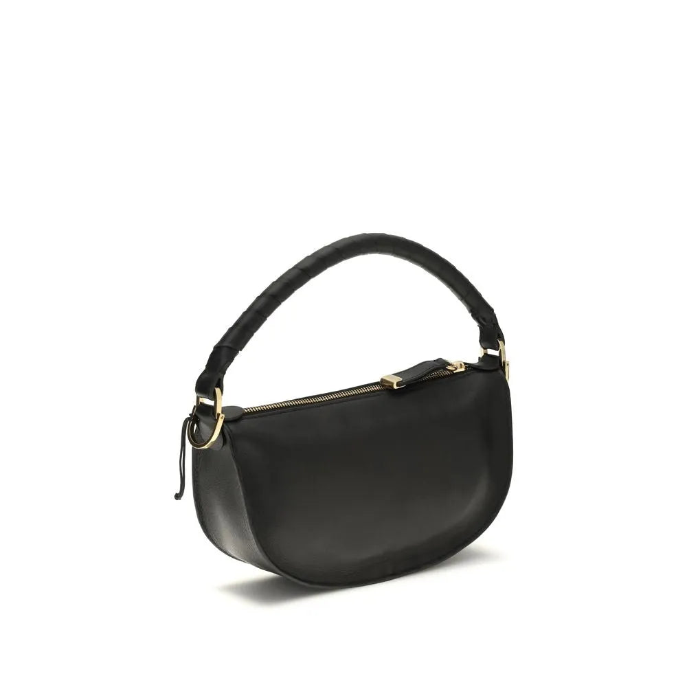 Black smooth calf leather mini shoulder bag with a curved silhouette, wrapped handle, and gold zipper.