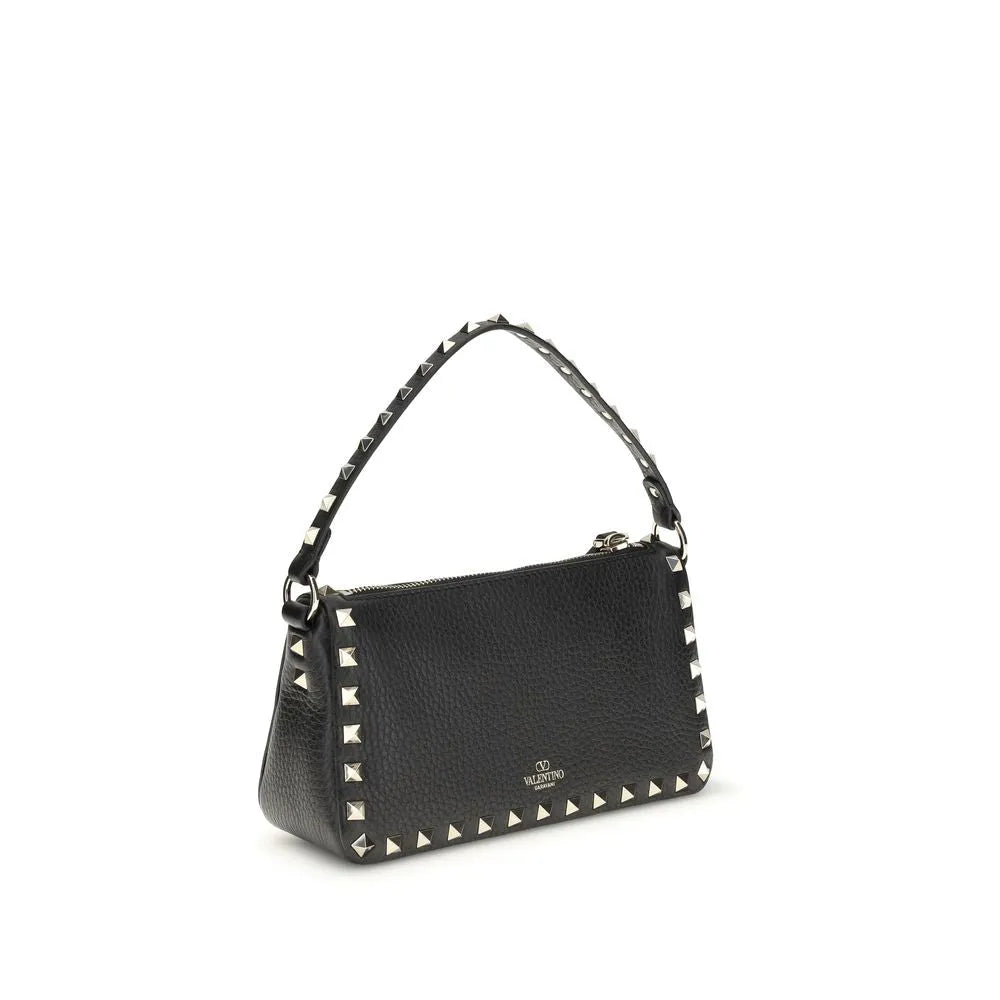 Black calf leather Valentino Garavani Rockstud shoulder bag with studded strap and silver-tone hardware.