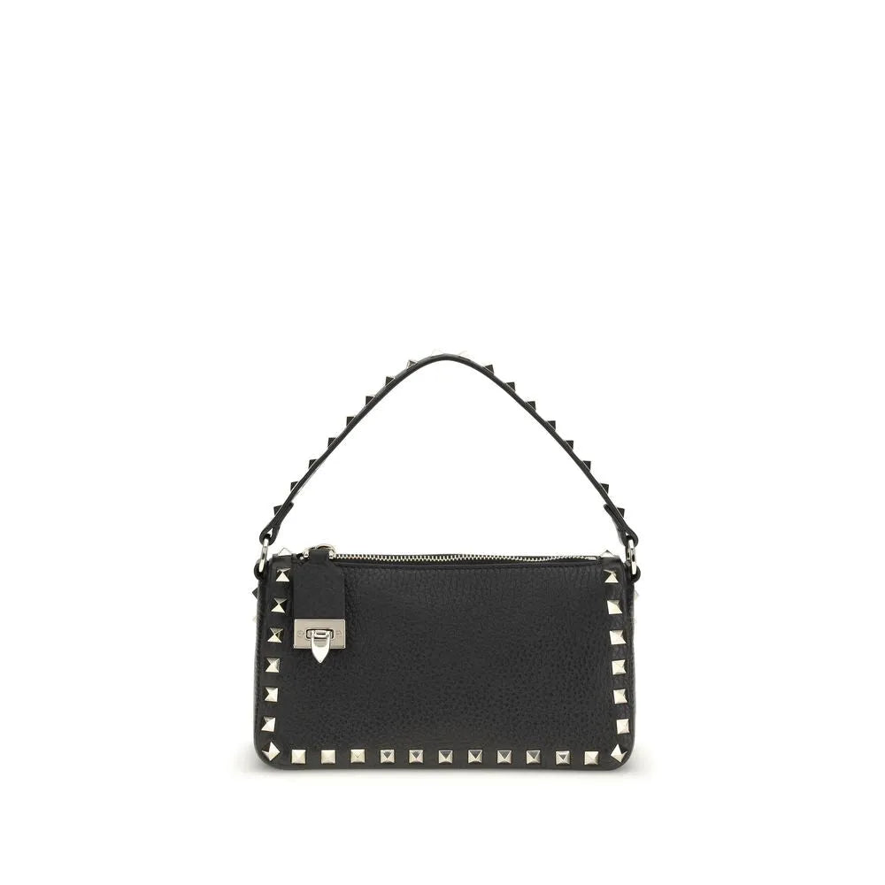 Black calf leather Rockstud shoulder bag with silver pyramid studs, front hook, and top zip closure.