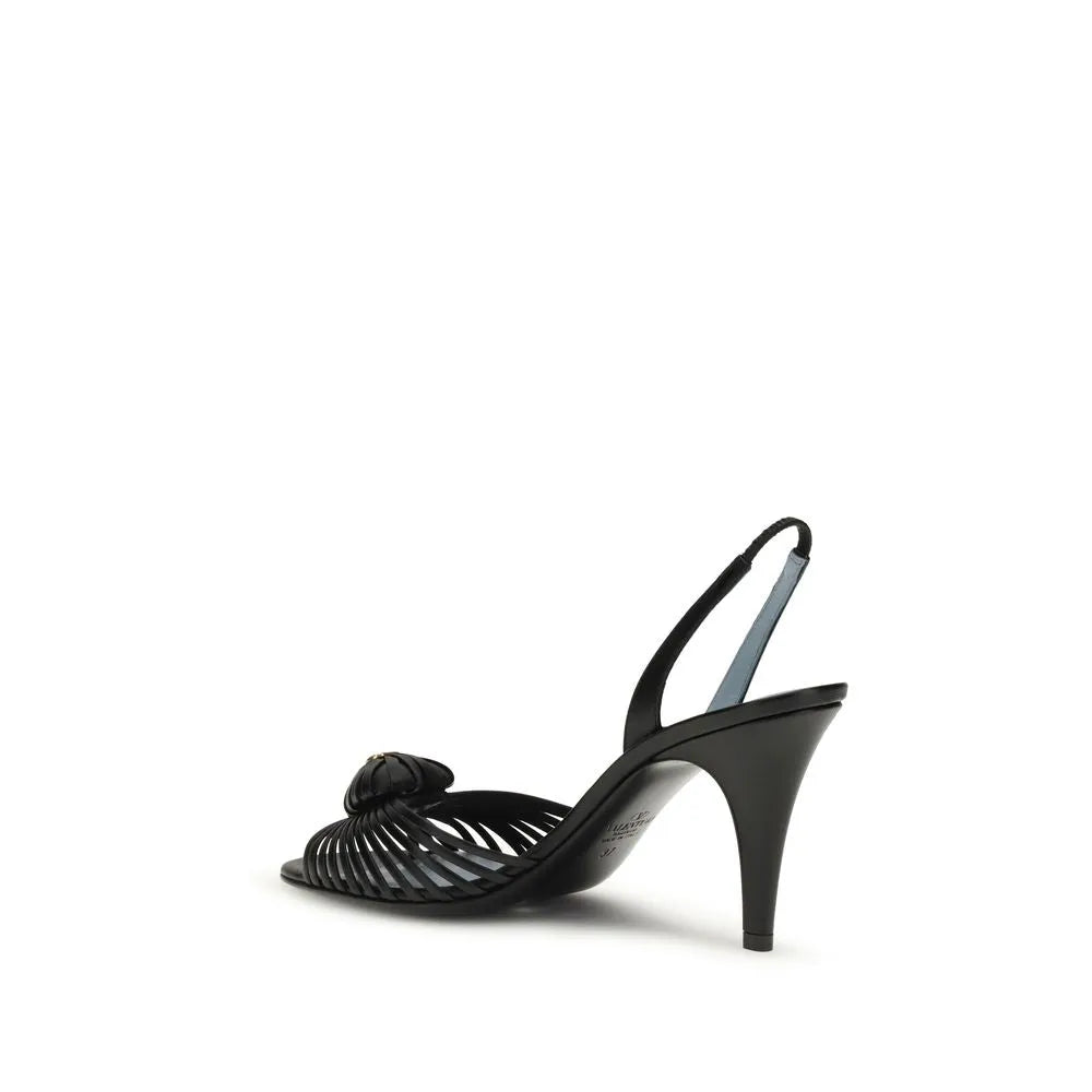 Black calf leather stiletto heel sandal with banded heart detail, VLogo, and elastic slingback strap.
