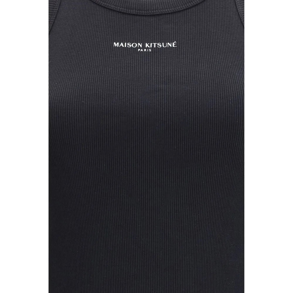 Black ribbed cotton tank dress with white Maison Kitsuné Paris logo on chest.