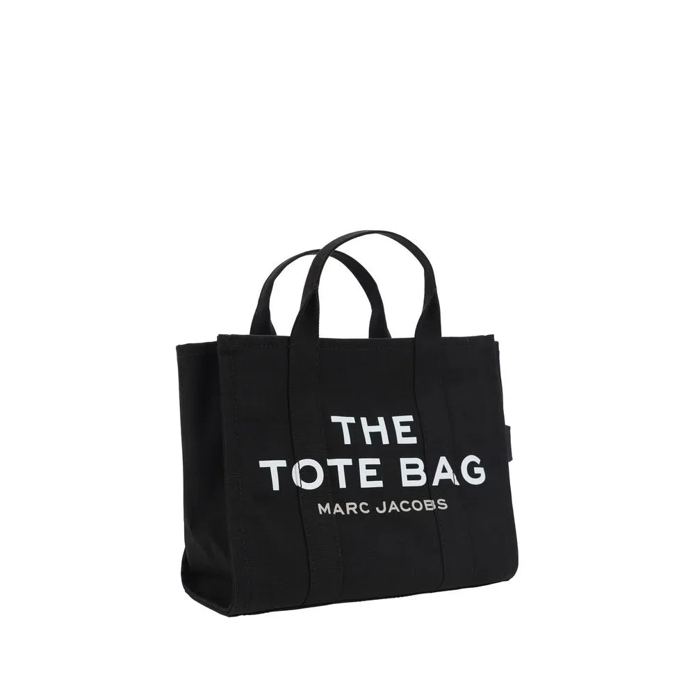 Black cotton Marc Jacobs Medium Tote Bag with white "THE TOTE BAG" print and rigid top handles.