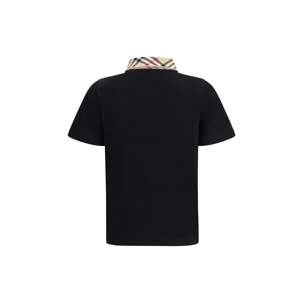 Black cotton piqué polo shirt, back view, with a sand beige Burberry Check collar. Regular fit.