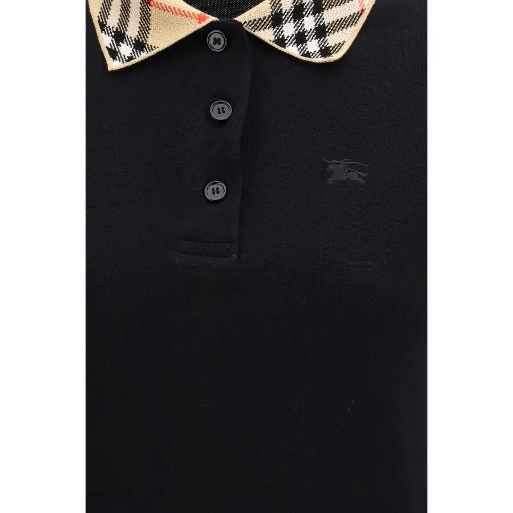 Burberry black cotton piqué polo shirt with sand beige Burberry Check collar, three buttons, and tone-on-tone Equestrian Knight logo.