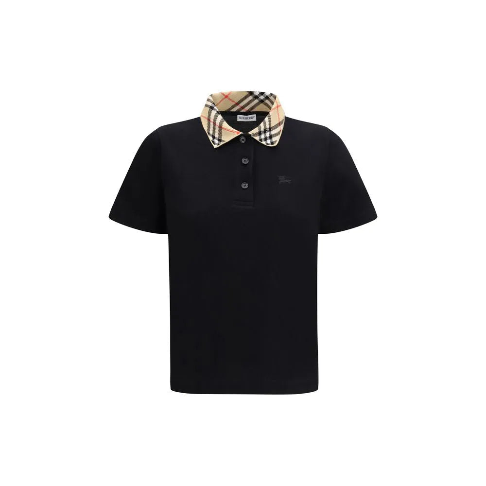 Black Burberry cotton piqué polo shirt with iconic sand beige Check collar and embroidered Equestrian Knight logo.