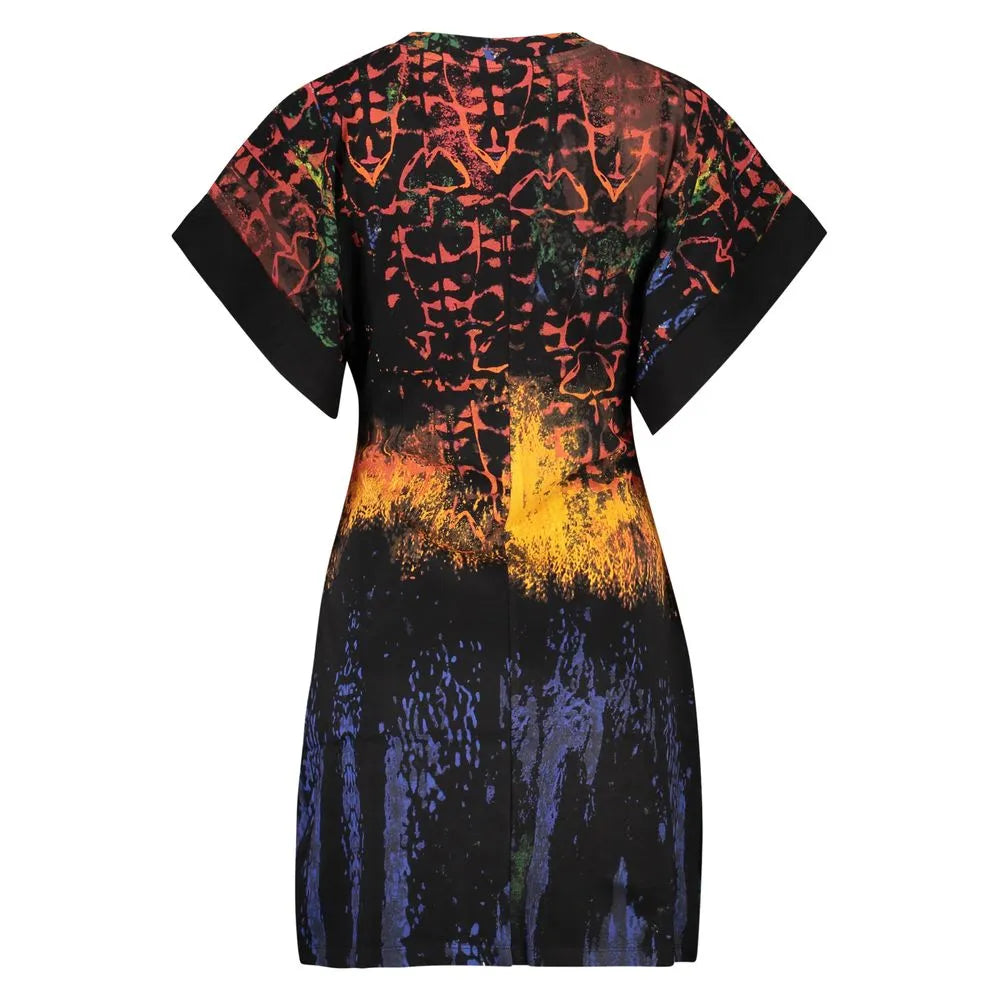 DESIGUAL black cotton short dress with vibrant multi-color abstract patterns and wide short sleeves.