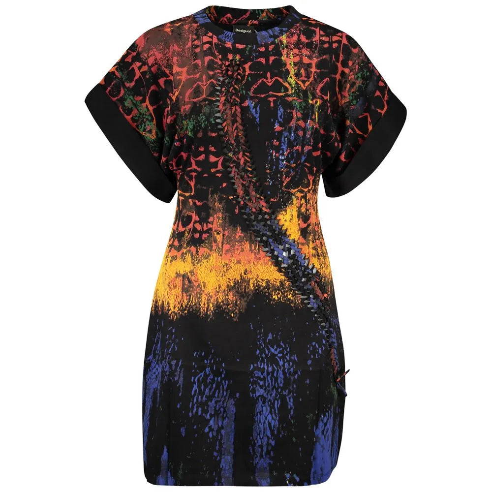 Desigual black cotton short dress with vibrant abstract multi-color print, Bettle Lacroix design, and braided front detail.