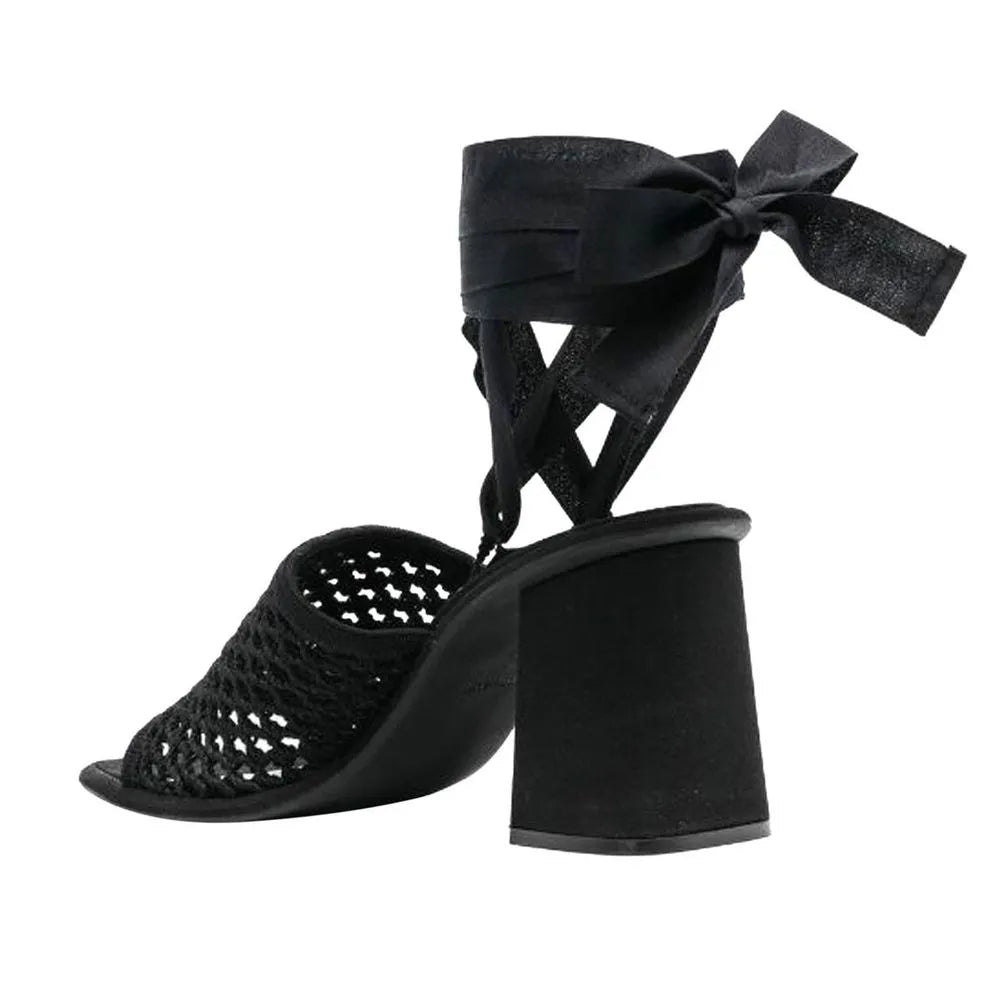 Black fabric open-toe platform sandal with woven front, lace-up ankle bow, and chunky 8cm block heel.