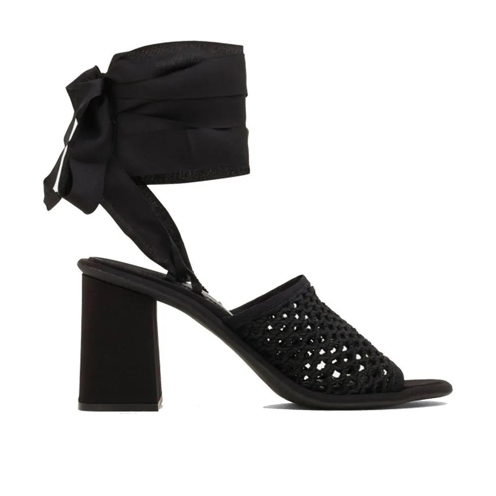 Black fabric open-toe platform sandals with woven front and wide tie-up ankle straps, 8cm block heel.
