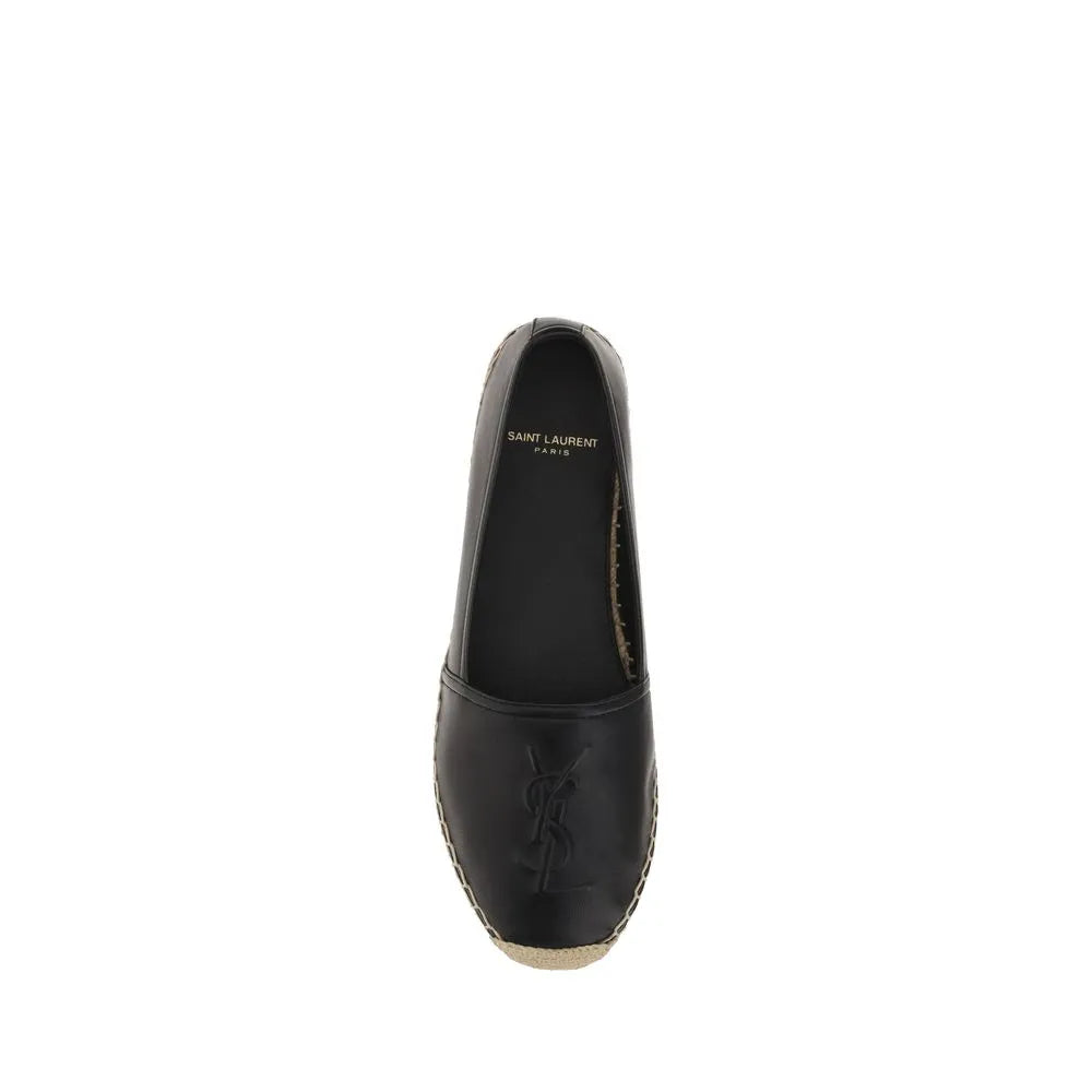 Black Saint Laurent lambskin espadrille, slip-on style with embossed YSL monogram and rope sole.