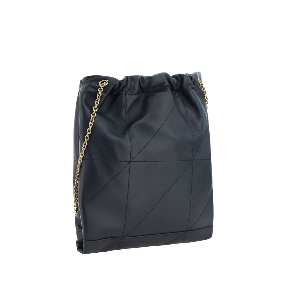 Elegant black lambskin bucket shoulder bag with quilted pattern, drawstring closure, and gold-tone chain strap.