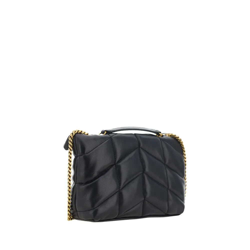Black Saint Laurent lambskin shoulder bag with chevron quilting, padded design, and gold chain strap.