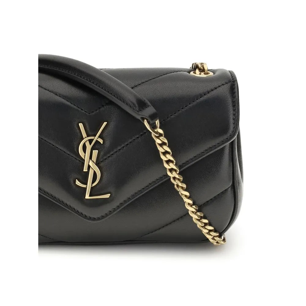 Saint Laurent black lambskin chevron quilted shoulder bag with gold YSL logo and chain.