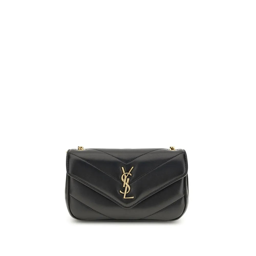 Black lambskin Saint Laurent Lou Lou shoulder bag with quilted chevron, gold YSL logo, and chain strap.