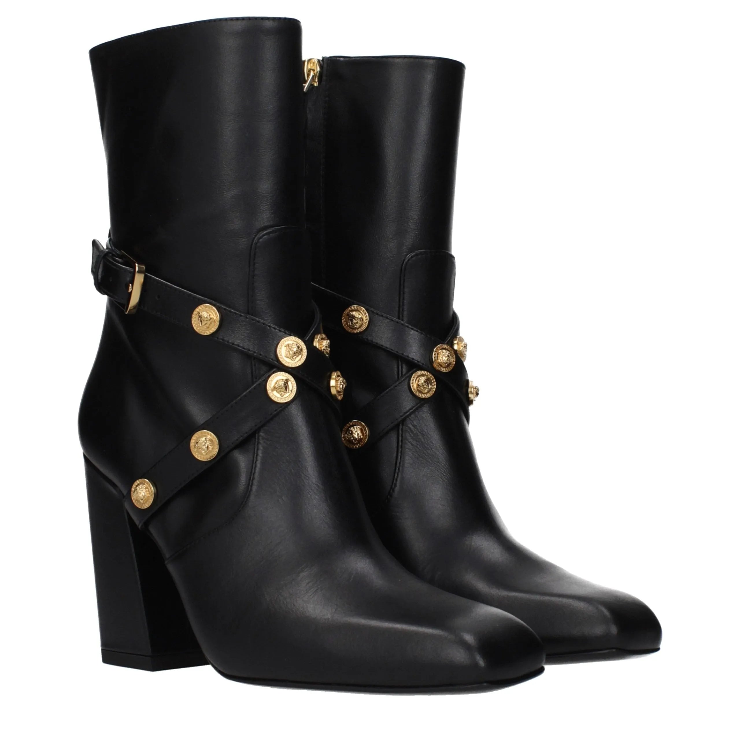 Versace black leather ankle boots with gold Medusa button straps, square toe, high heel, and zip closure.