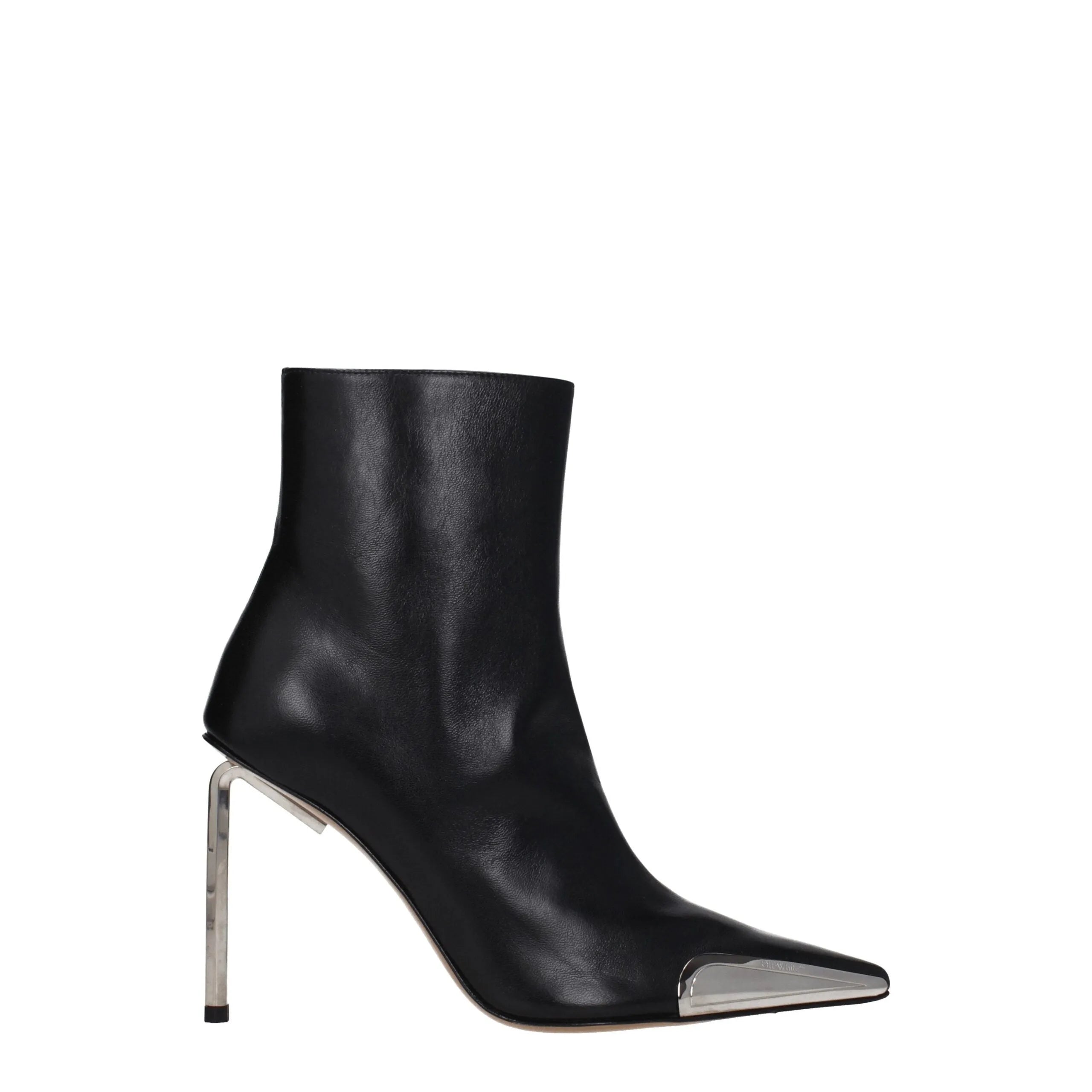Off-White black leather ankle boot with a sharp pointy silver metallic toe cap and a distinctive silver L-shaped high heel.