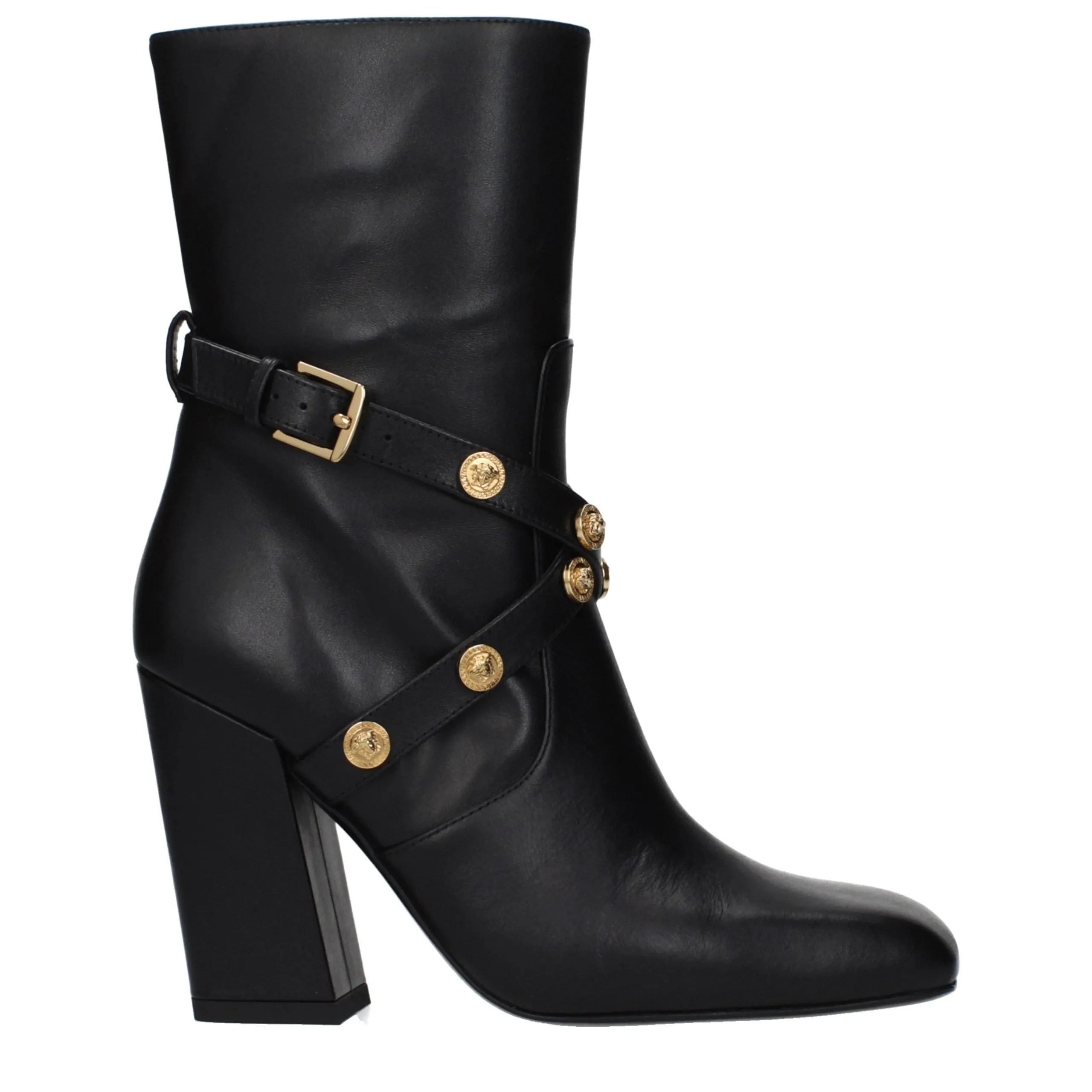 Versace black leather ankle boots with gold buckle strap, decorative gold medallion buttons, square toe, high block heel.