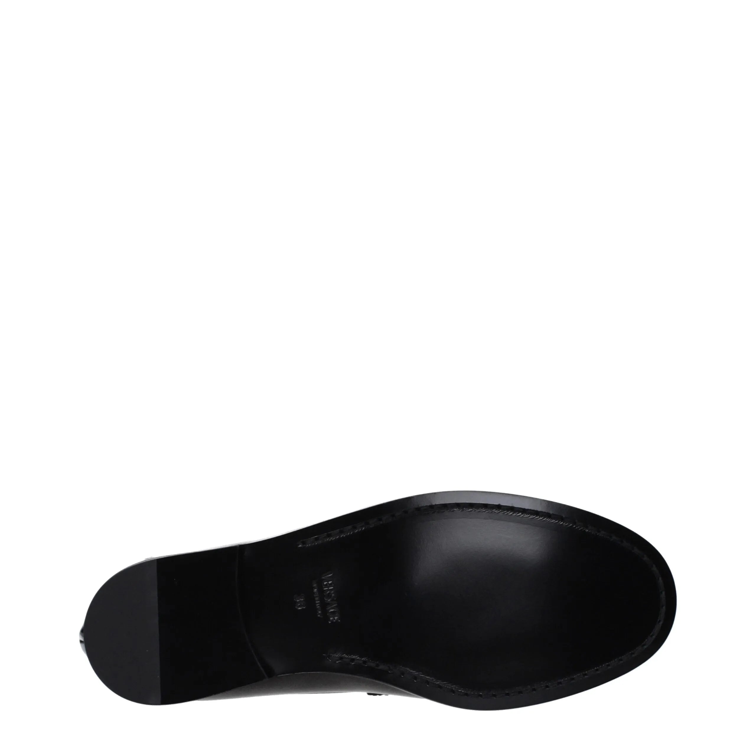 Versace black leather slip-on loafers, featuring the leather sole with brand logo and low flat heel.
