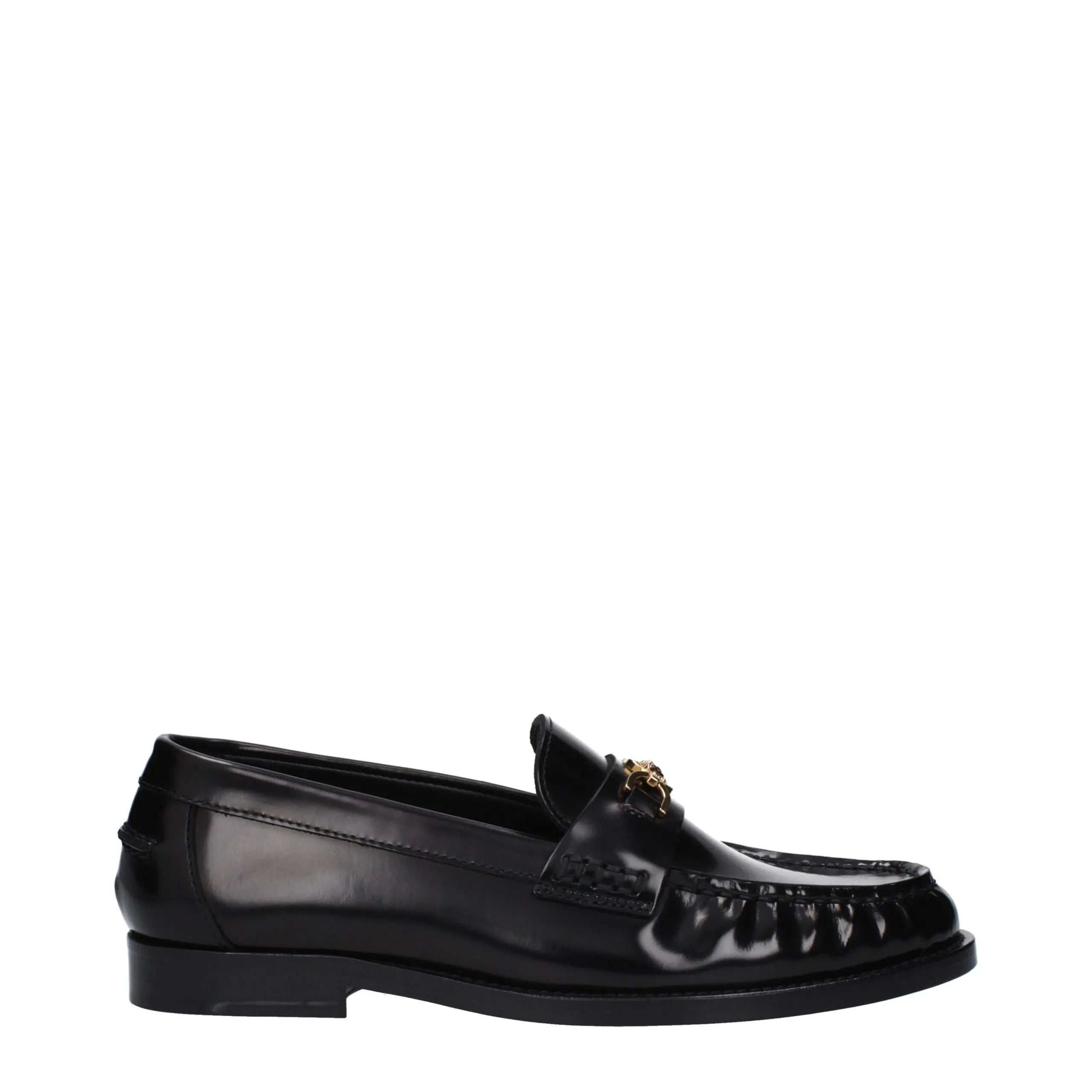 Versace black leather slip-on loafers with gold Medusa head logo and round toe.