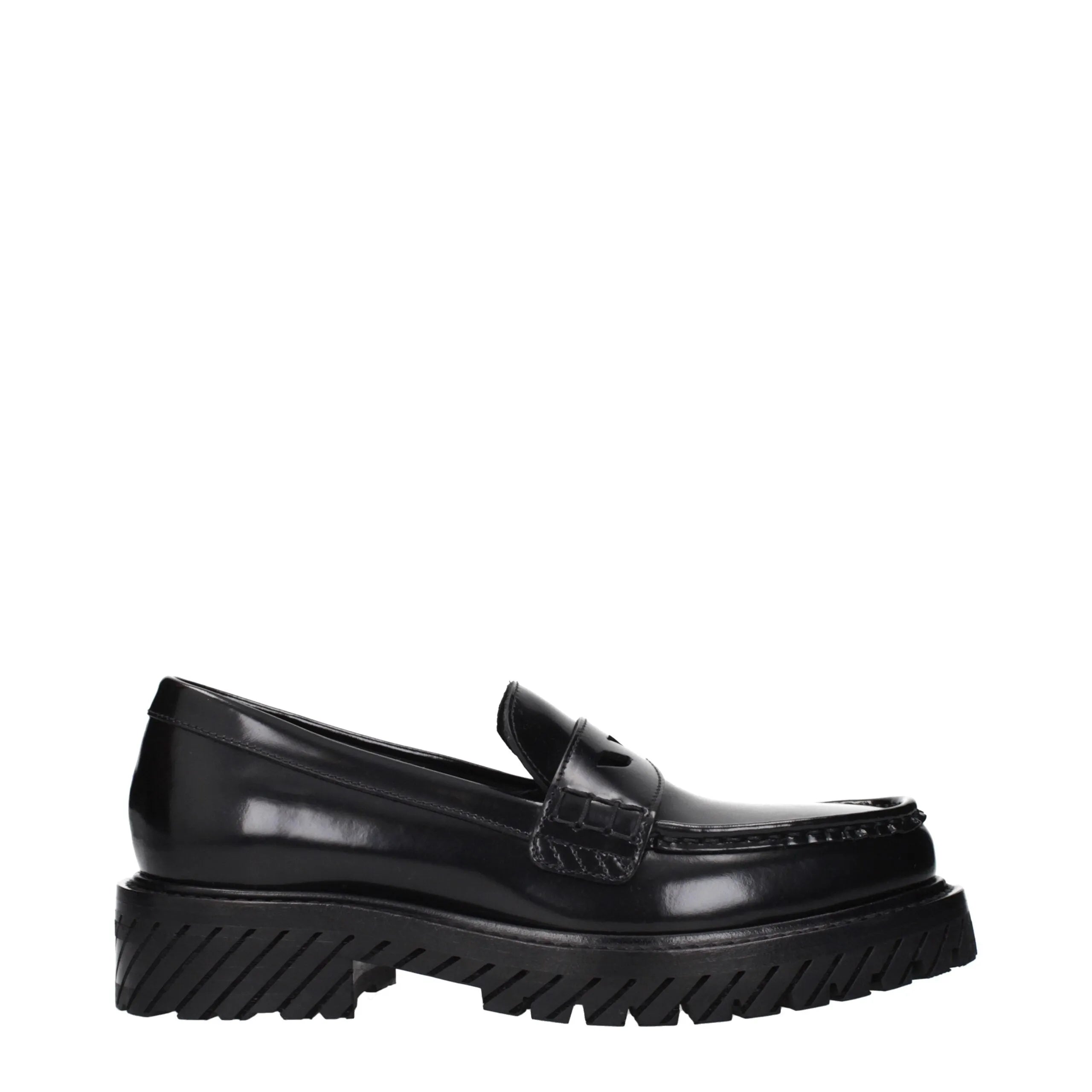 Off-White black leather penny loafers with a thick, ridged lug sole.