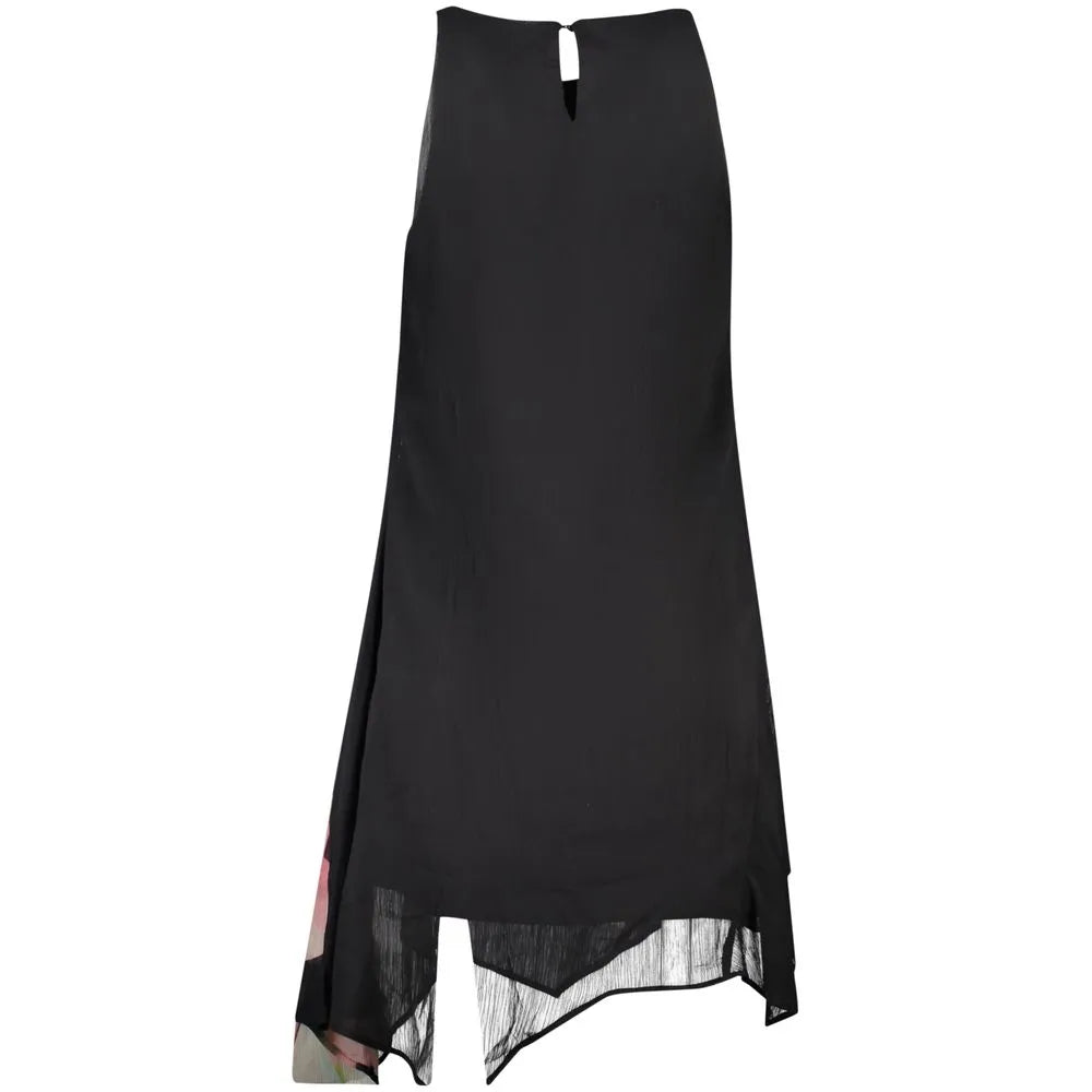 Black polyester NALA dress, asymmetrical hem, keyhole back with button, contrasting floral pattern.