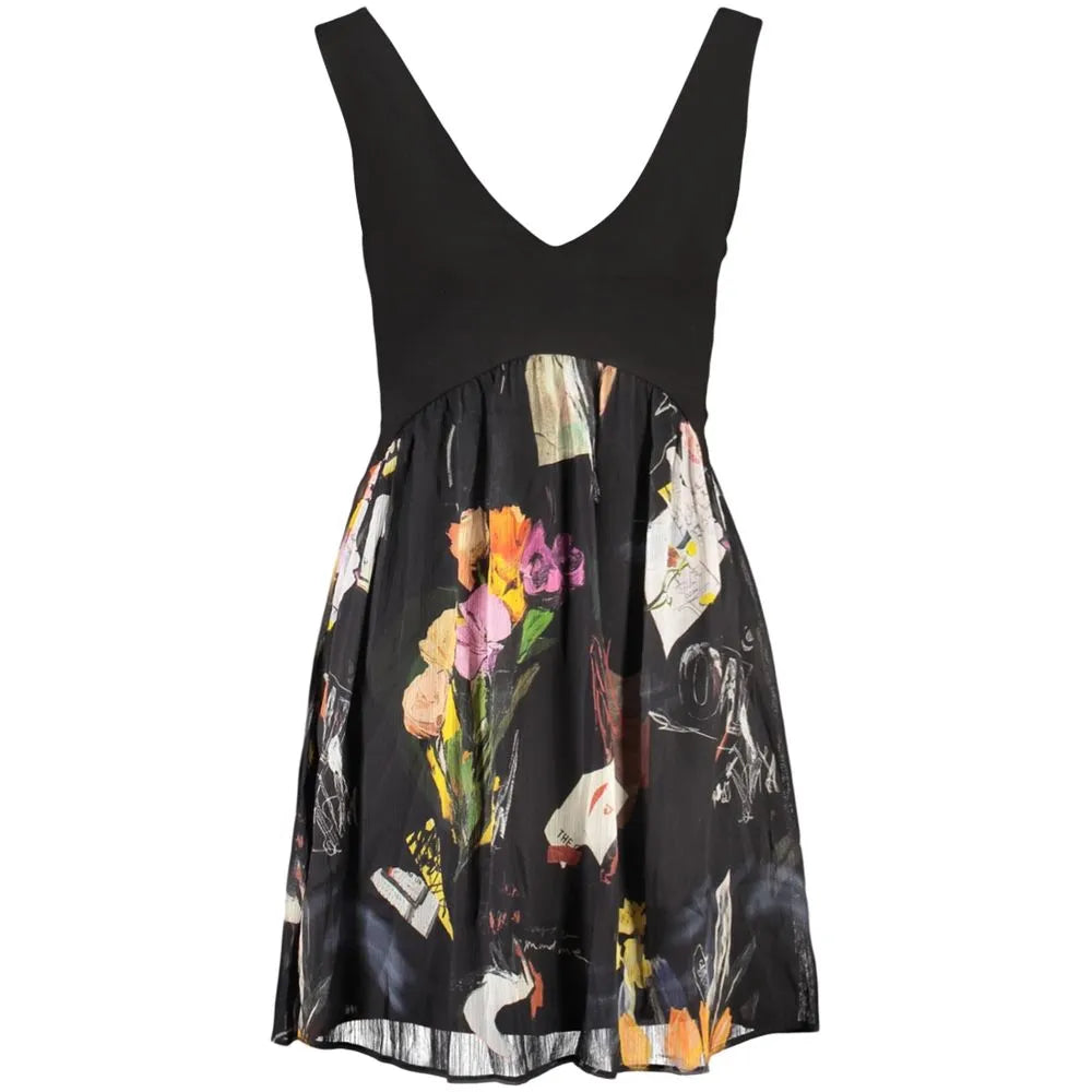 Black Desigual women's short dress with V-neck, wide straps, and a vibrant floral collage print on the polyester-blend skirt.